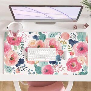 Large Pink Floral Desk Mat Mouse Pad Waterproof PU Leather Computer Desk Cover